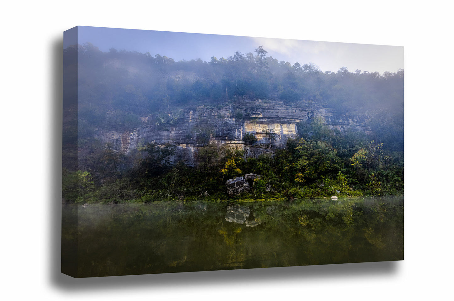 Ozark Mountains canvas wall art of a foggy rock wall reflecting off the still waters of the Buffalo National River in Arkansas by Sean Ramsey of Southern Plains Photography.