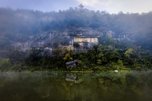 Ozark Mountains photography print of a rock wall reflecting off the waters of the Buffalo National River on an autumn day in Arkansas by Sean Ramsey of Southern Plains Photography.