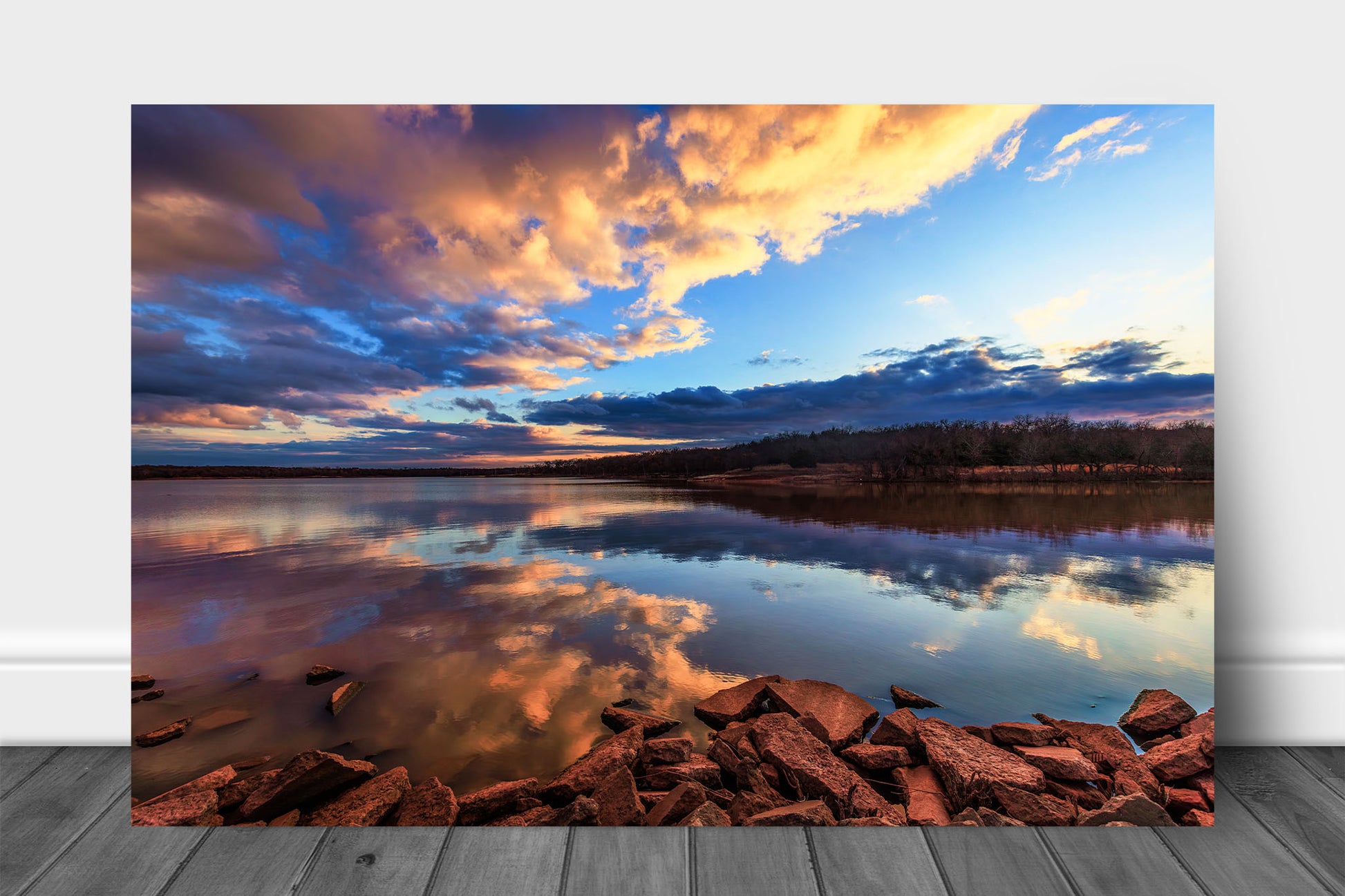 Landscape aluminum metal print wall art of clouds reflecting off the still waters of Lake Arcadia at sunset near Edmond, Oklahoma by Sean Ramsey of Southern Plains Photography.