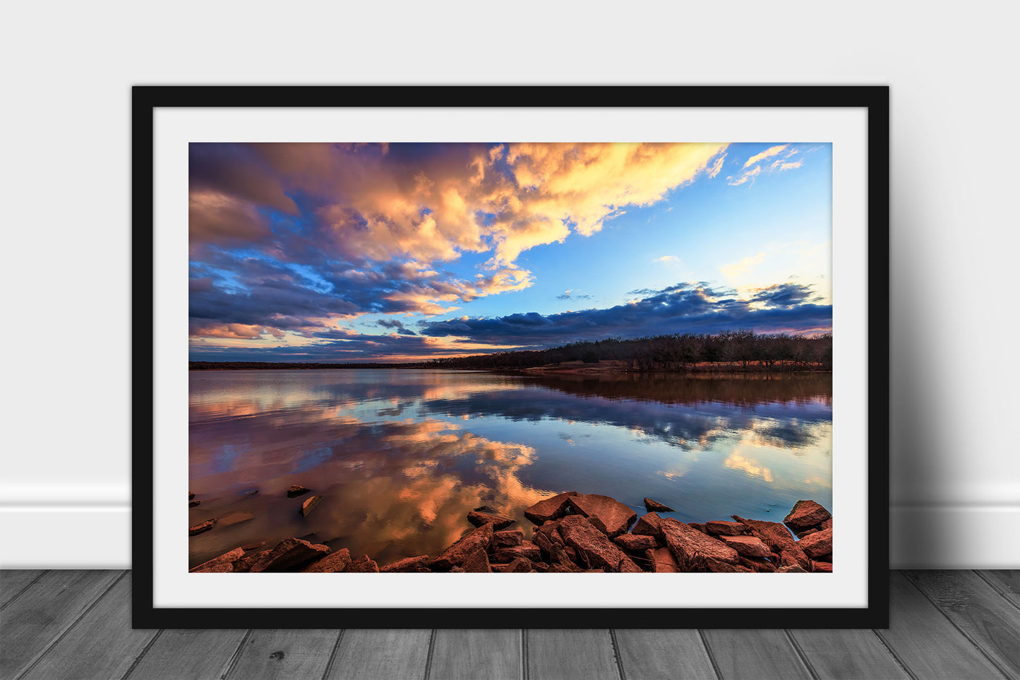 Framed landscape photography print of clouds reflecting off the still waters of Lake Arcadia at sunset near Edmond, Oklahoma by Sean Ramsey of Southern Plains Photography.