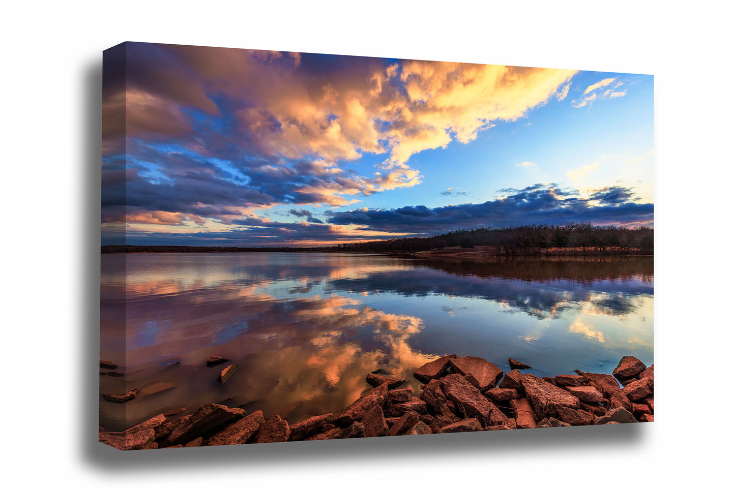 Landscape gallery wrapped canvas wall art of clouds reflecting off the still waters of Lake Arcadia at sunset near Edmond, Oklahoma by Sean Ramsey of Southern Plains Photography.