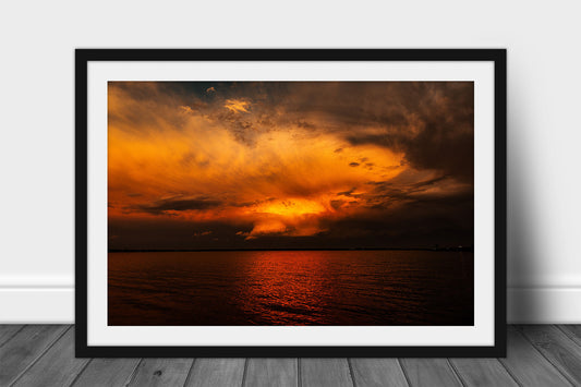 Framed and matted thunderstorm print of a storm cloud illuminated by evening sunlight at sunset at Lake Overholser in Oklahoma City, Oklahoma by Sean Ramsey of Southern Plains Photography.
