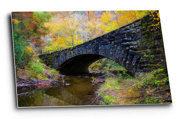 Landscape metal print of a stone bridge surrounded by fall color on an autumn day in the Great Smoky Mountains of Tennessee by Sean Ramsey of Southern Plains Photography.