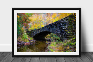 Framed and matted landscape print of a stone bridge surrounded by fall color on an autumn day in Great Smoky Mountains National Park, Tennessee by Sean Ramsey of Southern Plains Photography.