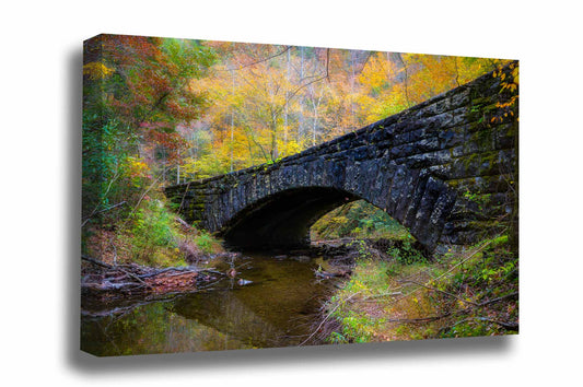 Landscape canvas wall art of a stone bridge surrounded by fall foliage on an autumn day at Great Smoky Mountains National Park near Gatlinburg, Tennessee by Sean Ramsey of Southern Plains Photography.