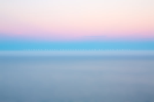 Blurry abstract photography print of a layer of fog over the Pacific Ocean at sunrise in Big Sur, California by Sean Ramsey of Southern Plains Photography.