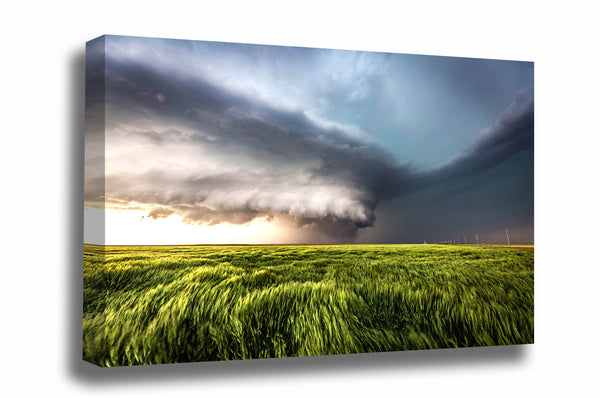 Storm canvas wall art of a powerful supercell thunderstorm over waving wheat on a stormy spring day on the plains of Kansas by Sean Ramsey of Southern Plains Photography.