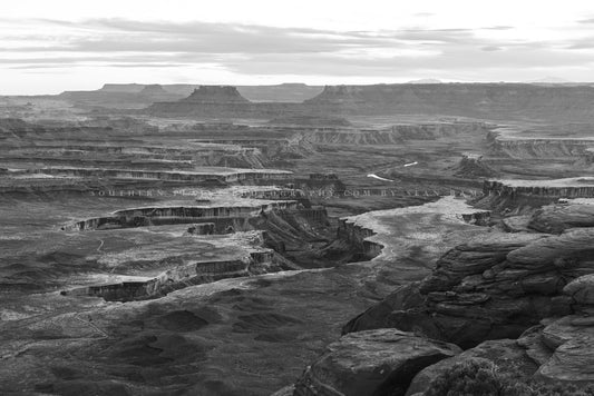 Black and white western landscape photography print of a vista of a canyon etched into the earths surface at the Green River Overlook in Canyonlands National Park, Utah by Sean Ramsey of Southern Plains Photography.