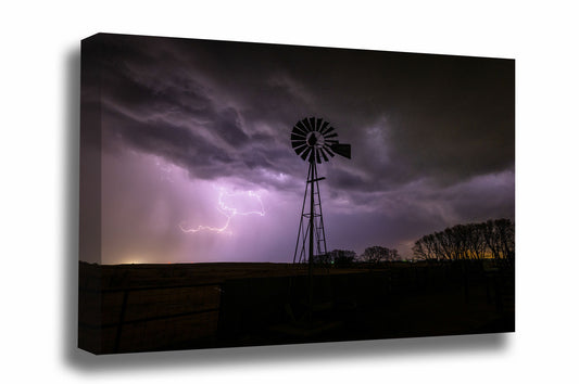 Country canvas wall art of lightning crawling through storm clouds over an old windmill on a stormy night in Oklahoma by Sean Ramsey of Southern Plains Photography.