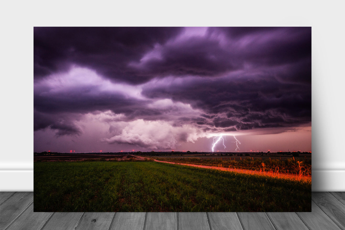 Storm metal print on aluminum of a lightning strike as a wall cloud forms on a stormy night on the plains of Kansas by Sean Ramsey of Southern Plains Photography.