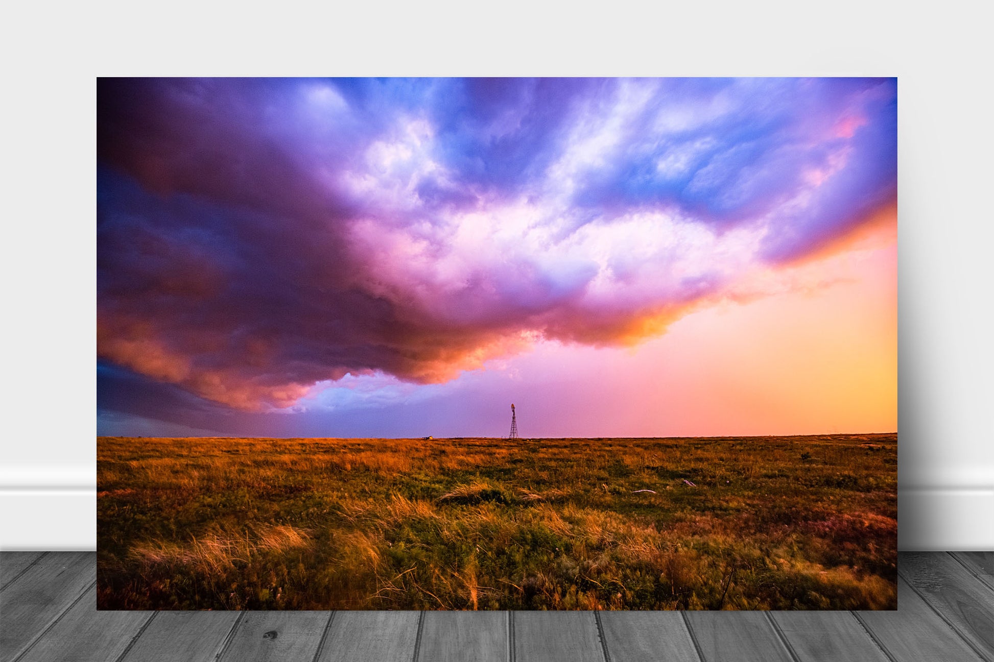 Western aluminum metal print wall art of a colorful stormy sky over an old windmill on the Oklahoma prairie by Sean Ramsey of Southern Plains Photography.