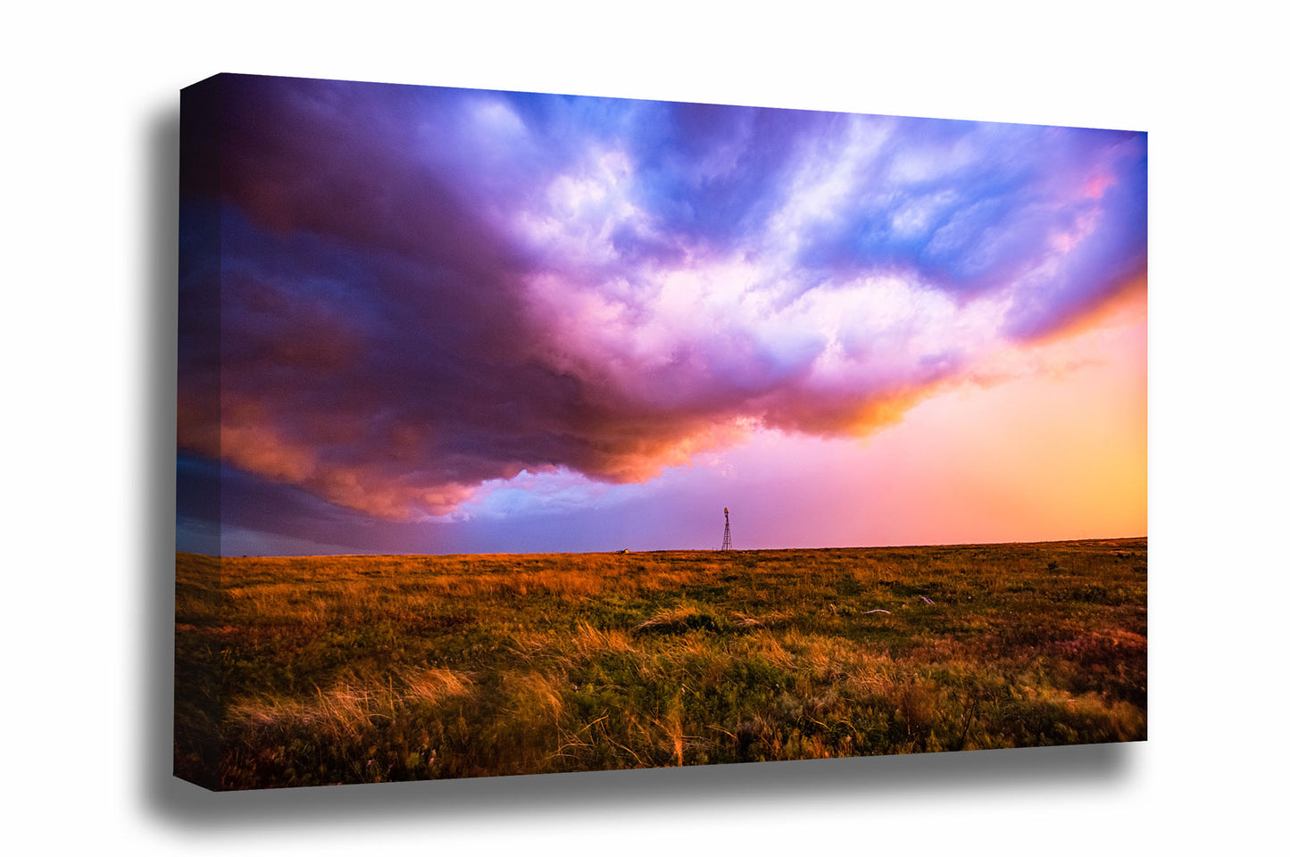 Western canvas wall art of a colorful stormy sky over an old windmill on the Oklahoma prairie by Sean Ramsey of Southern Plains Photography.