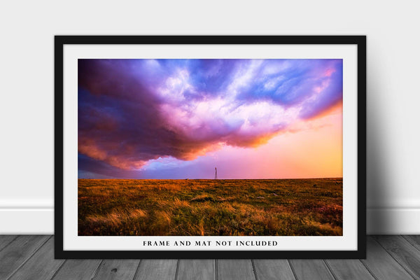 Thunderstorm Photography Print - Picture of Colorful Storm Clouds Over Windmill on Spring Evening in Oklahoma - Western Sky Photo Decor