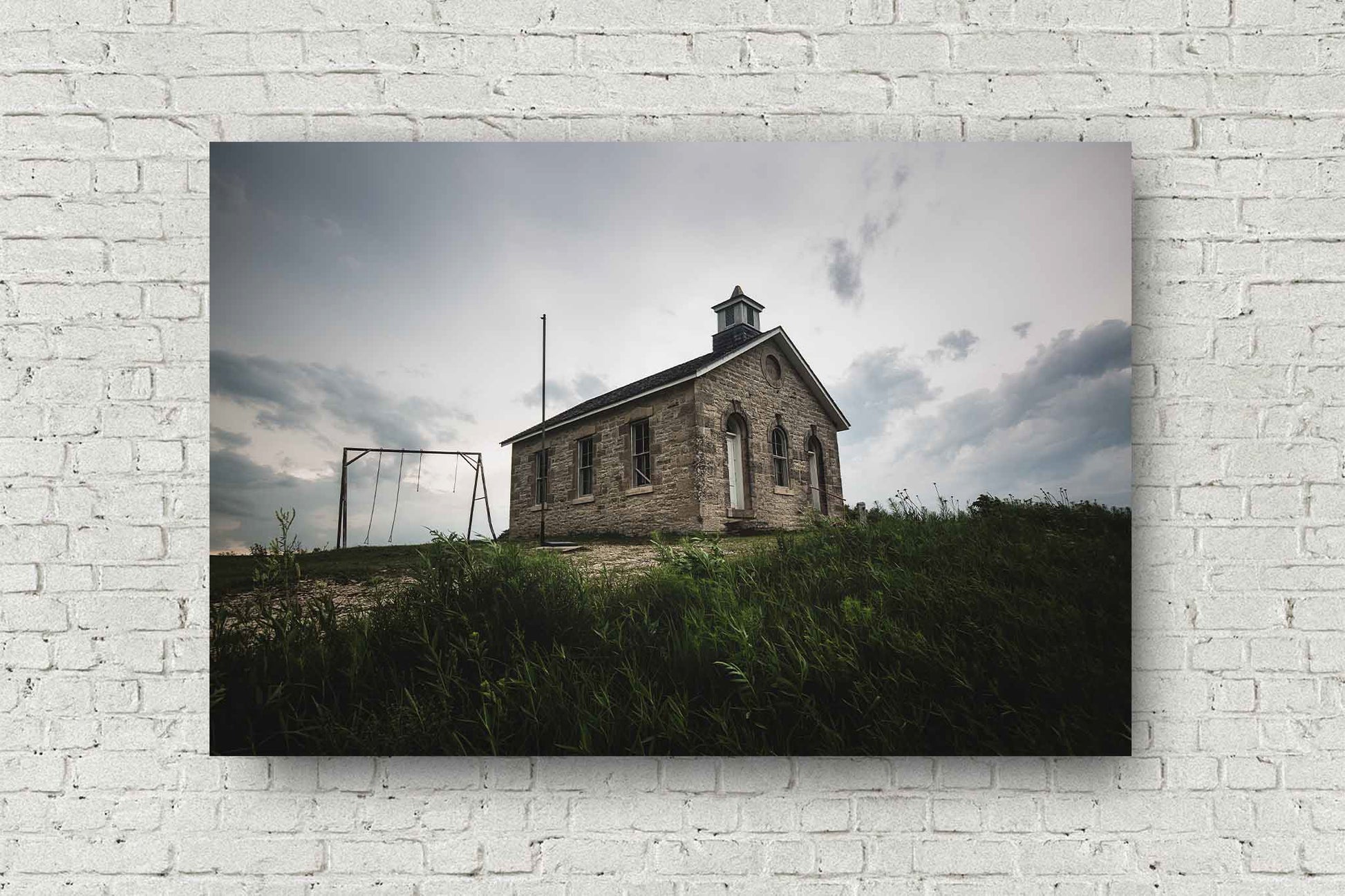 Abandoned metal print wall art of Lower Fox Creek School on a stormy summer day on the Tallgrass Prairie in the Flint Hills of Kansas by Sean Ramsey of Southern Plains Photography.