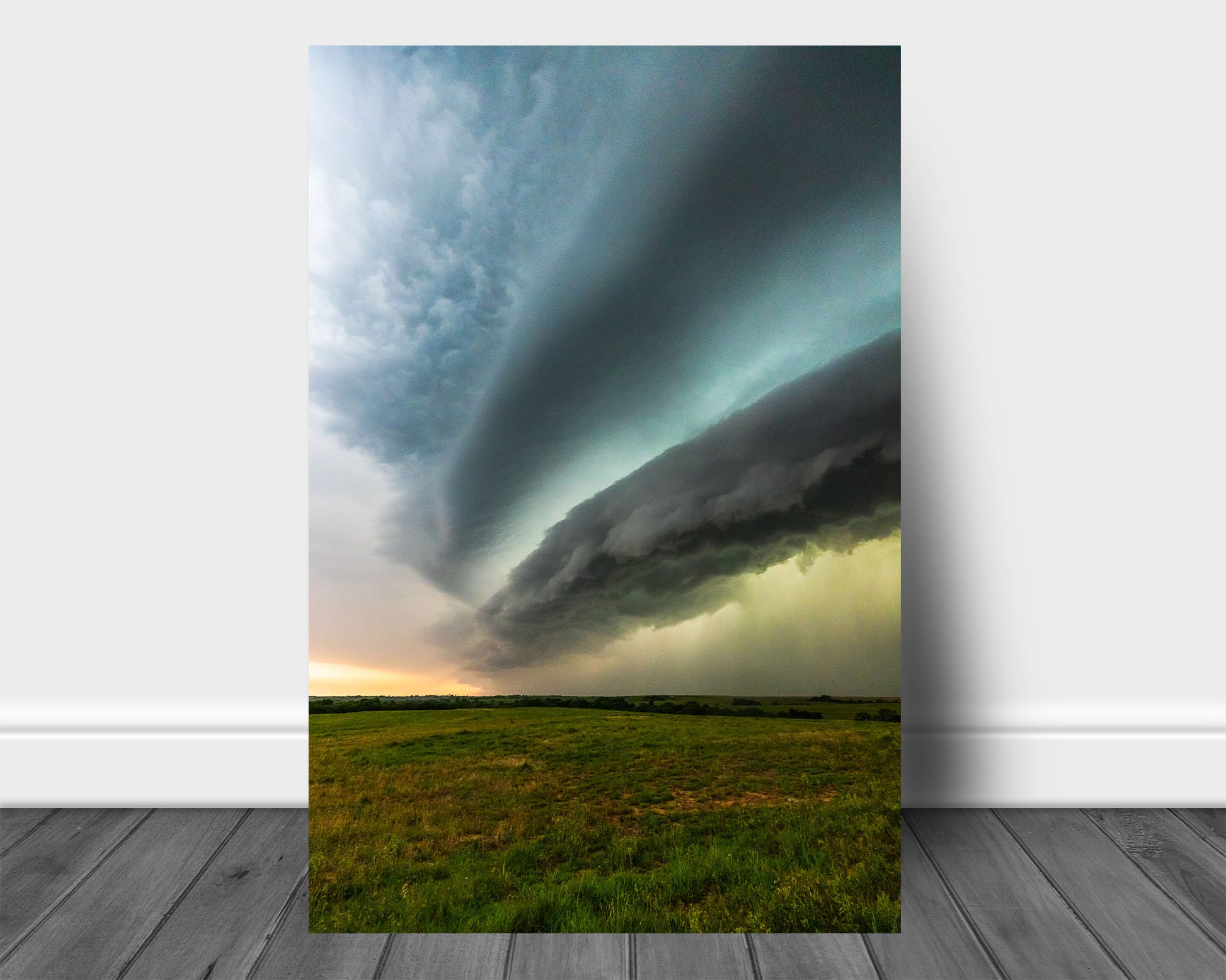 Vertical storm aluminum metal print of a supercell thunderstorm shelf cloud over open prairie on a stormy day in Oklahoma by Sean Ramsey of Southern Plains Photography.