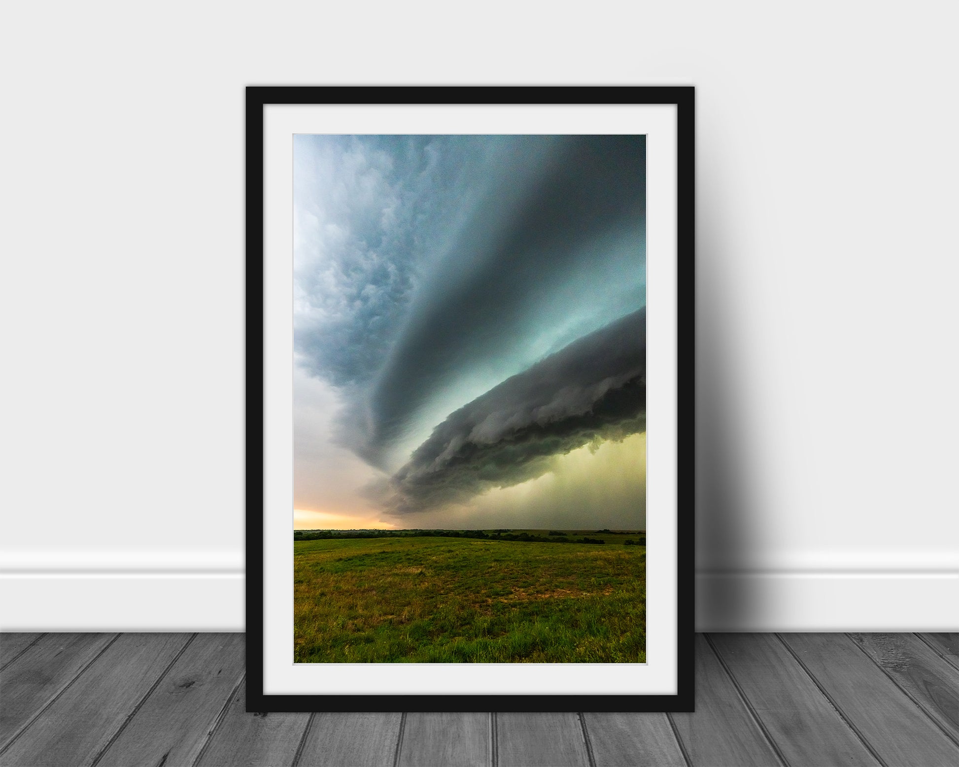 Vertical storm framed print of a supercell thunderstorm shelf cloud over open prairie on a stormy day in Oklahoma by Sean Ramsey of Southern Plains Photography.