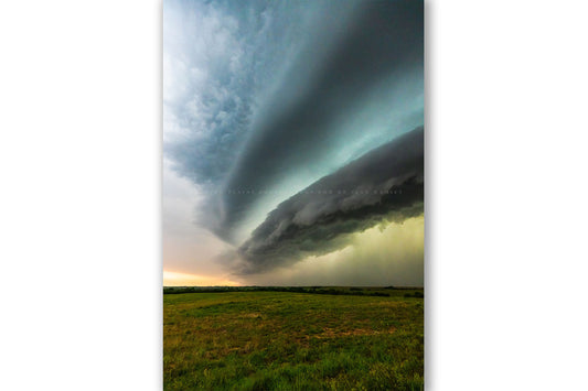 Vertical storm photography print of a supercell thunderstorm shelf cloud over open prairie on a stormy day in Oklahoma by Sean Ramsey of Southern Plains Photography.
