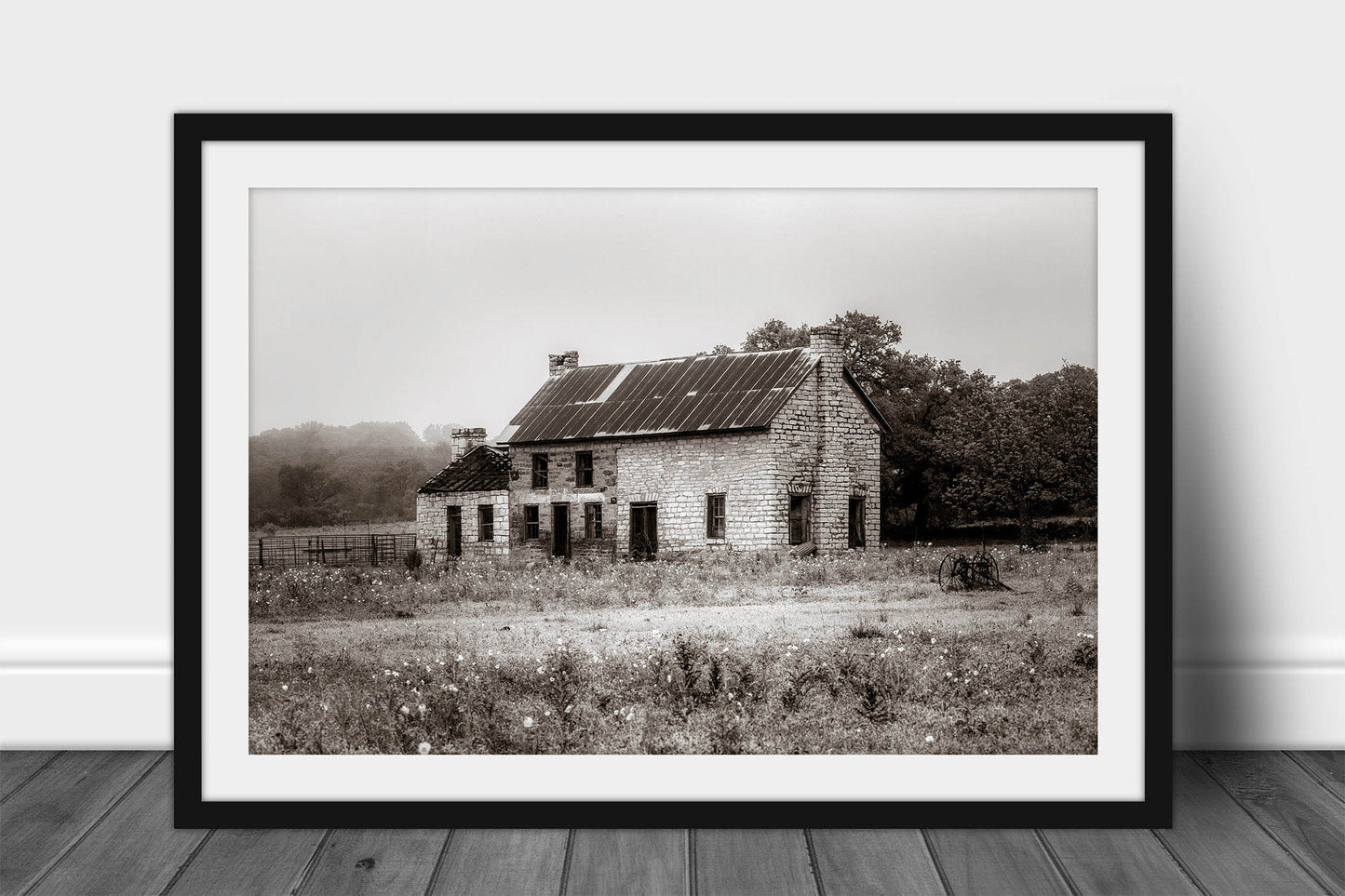 Framed and matted country print of an abandoned house conjuring up memories of the past on a foggy spring morning in Marble Falls, Texas by Sean Ramsey of Southern Plains Photography.