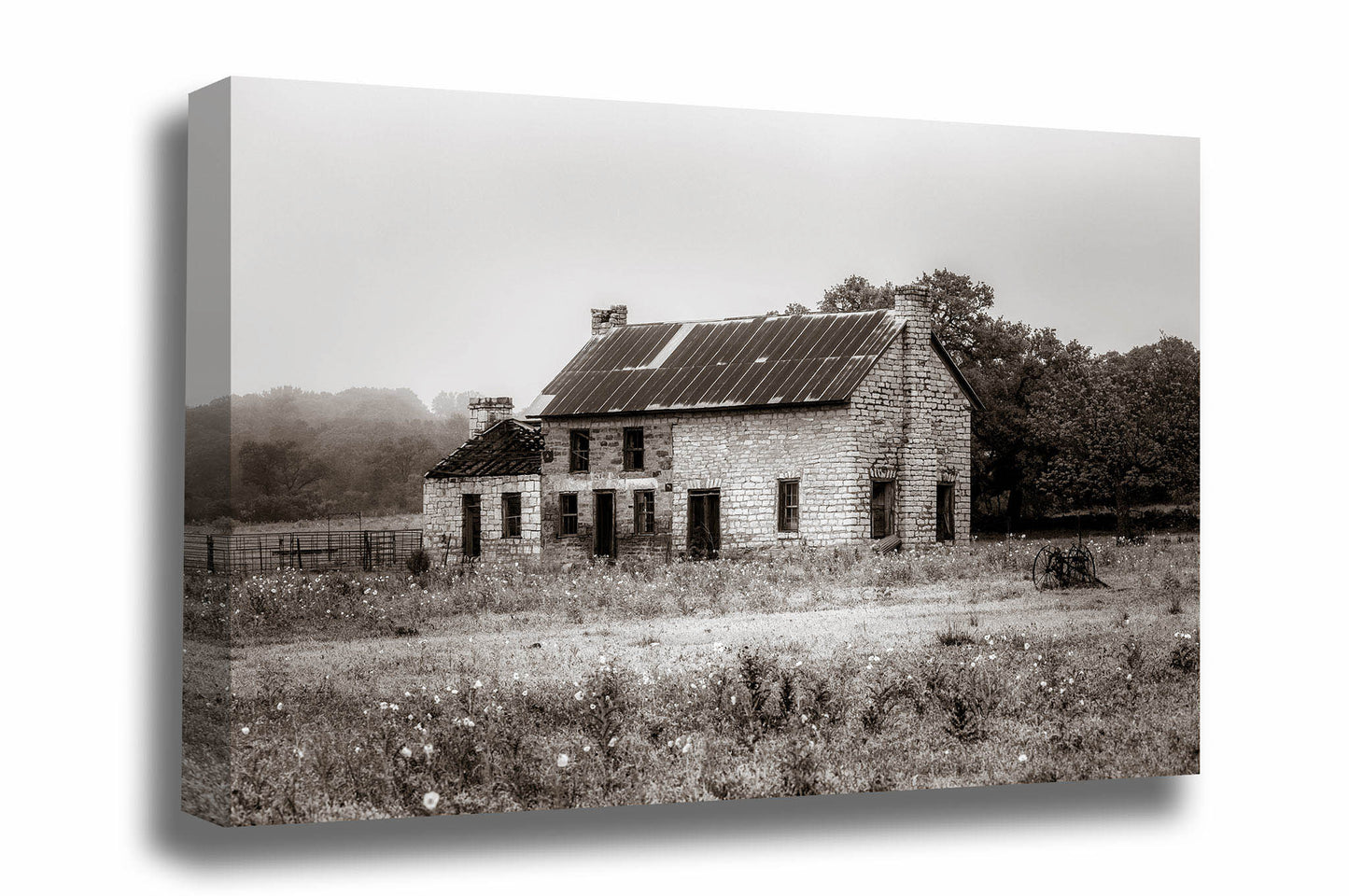 Country gallery wrapped canvas wall art of an abandoned house conjuring up memories of the past on a foggy spring morning in Marble Falls, Texas by Sean Ramsey of Southern Plains Photography.