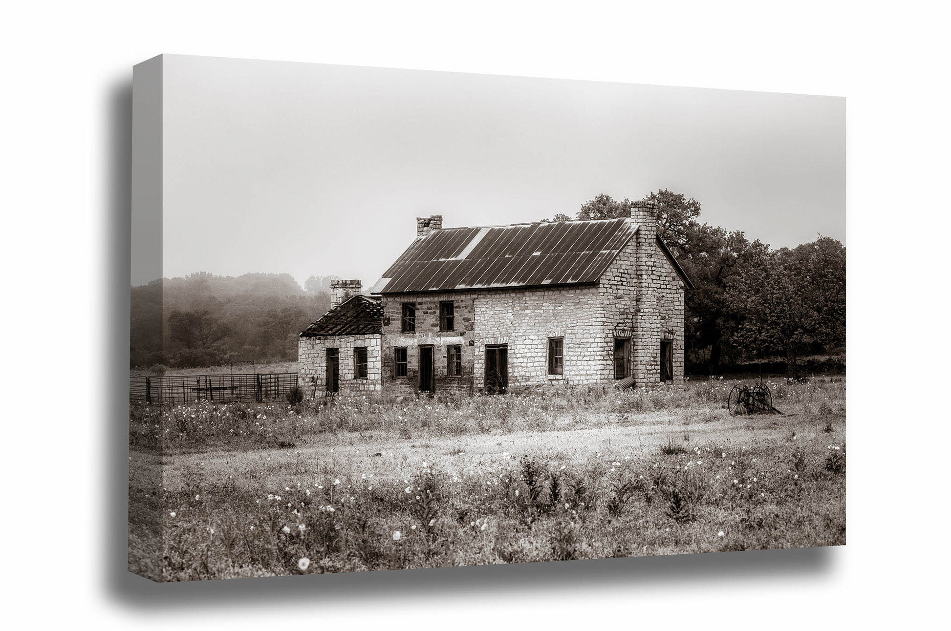 Country gallery wrapped canvas wall art of an abandoned house conjuring up memories of the past on a foggy spring morning in Marble Falls, Texas by Sean Ramsey of Southern Plains Photography.