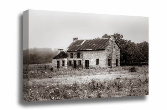 Country gallery wrapped canvas wall art of an abandoned house conjuring up memories of the past on a foggy spring morning in Marble Falls, Texas by Sean Ramsey of Southern Plains Photography.