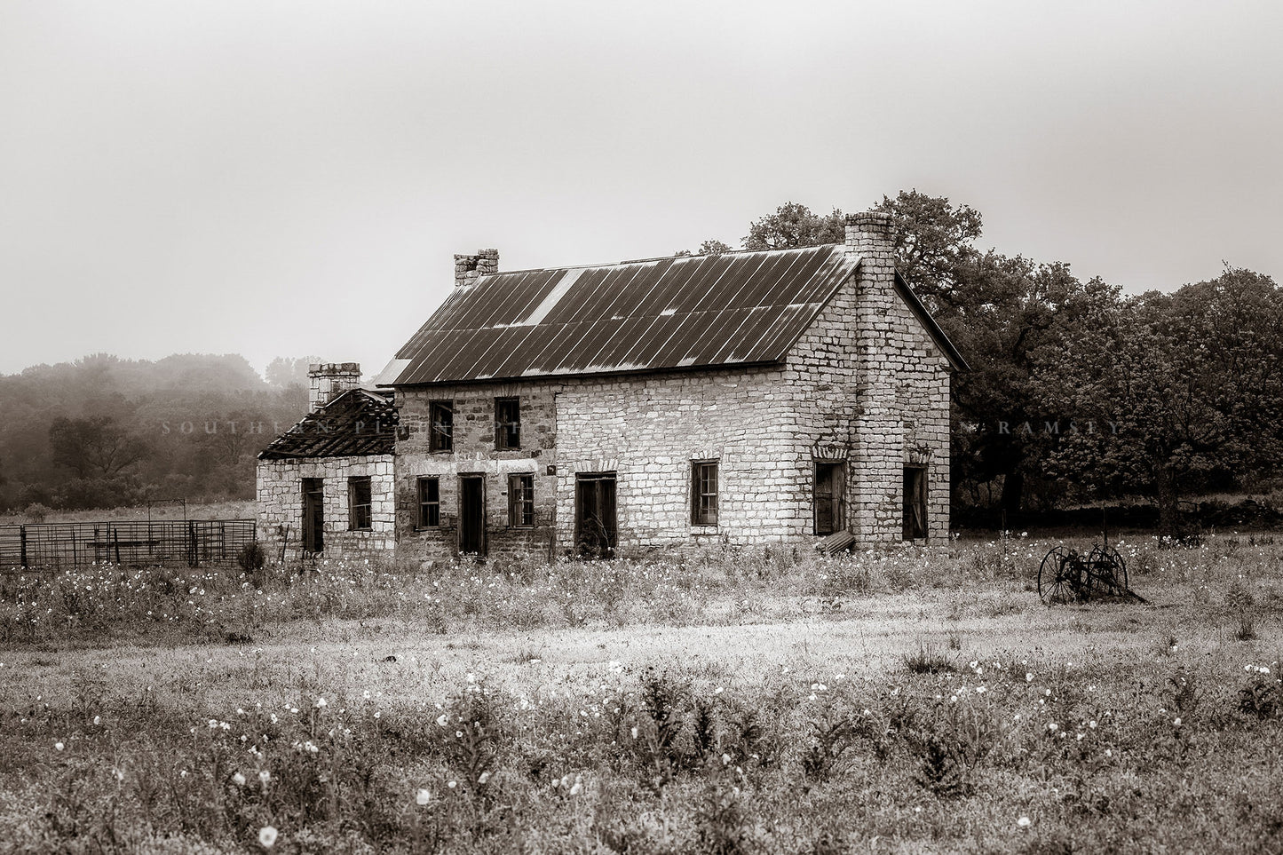 Country photography print of an abandoned house conjuring up memories of the past on a foggy spring morning in Marble Falls, Texas by Sean Ramsey of Southern Plains Photography.