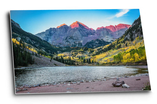 Rocky Mountains metal print on aluminum of the Maroon Bells illuminated by alpenglow on an autumn morning near Aspen, Colorado by Sean Ramsey of Southern Plains Photography.