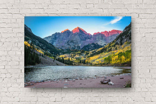 Rocky Mountains metal print on aluminum of the Maroon Bells illuminated by alpenglow on an autumn morning near Aspen, Colorado by Sean Ramsey of Southern Plains Photography.