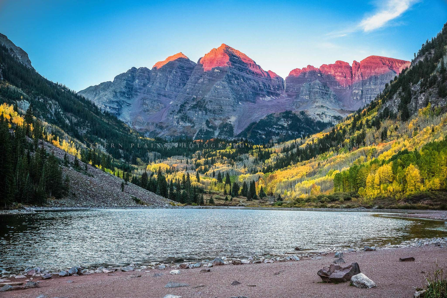 Rocky Mountain photography print of the Maroon Bells at sunrise on an autumn morning near Aspen, Colorado by Sean Ramsey of Southern Plains Photography.