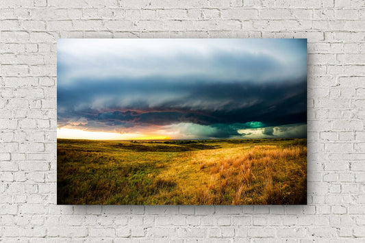 Storm photography print of a thunderstorm full over color over open prairie on a late summer evening in Kansas by Sean Ramsey of Southern Plains Photography.
