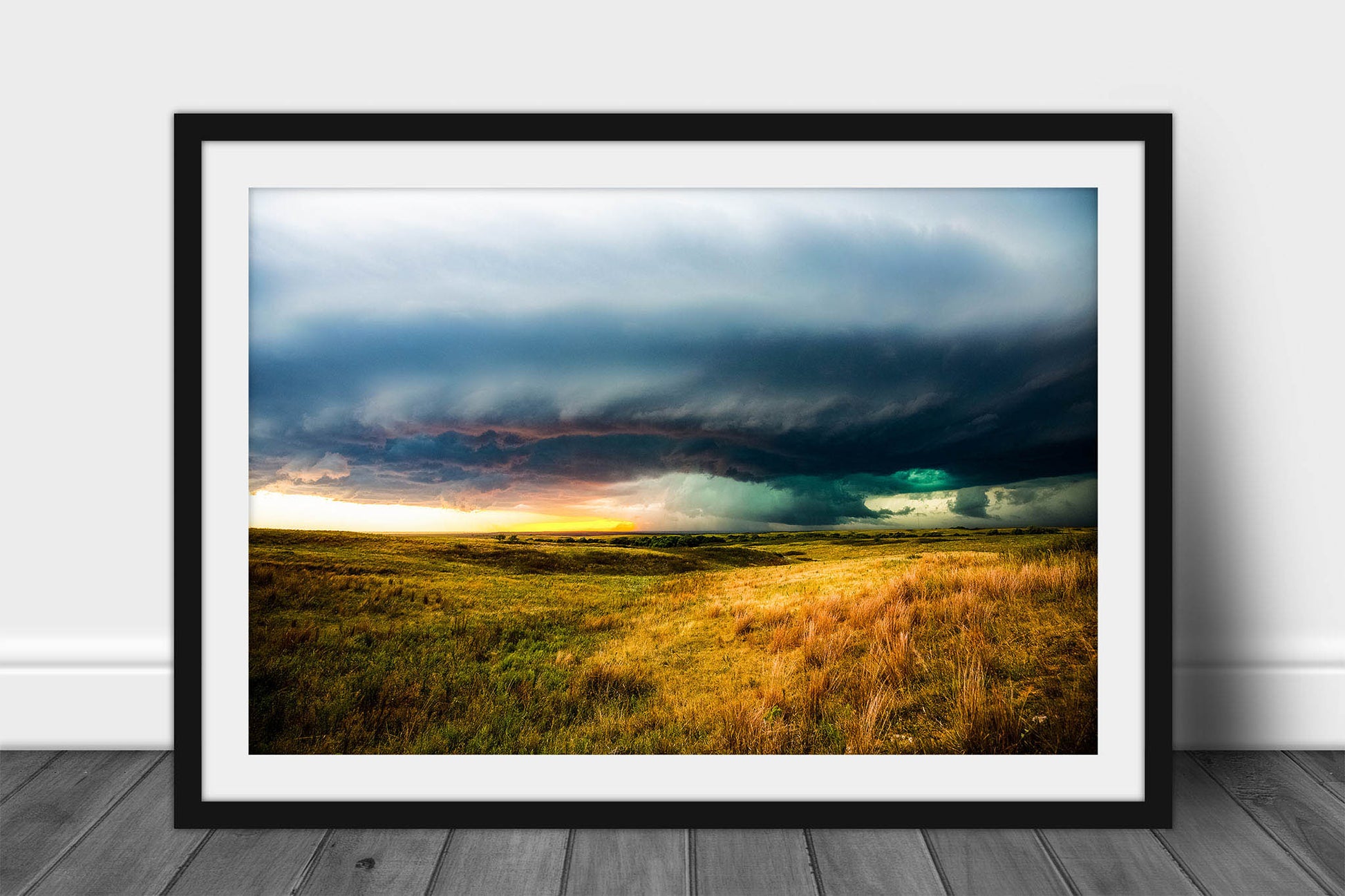 Framed and matted storm print of a supercell thunderstorm over prairie on a stormy evening in Kansas by Sean Ramsey of Southern Plains Photography.