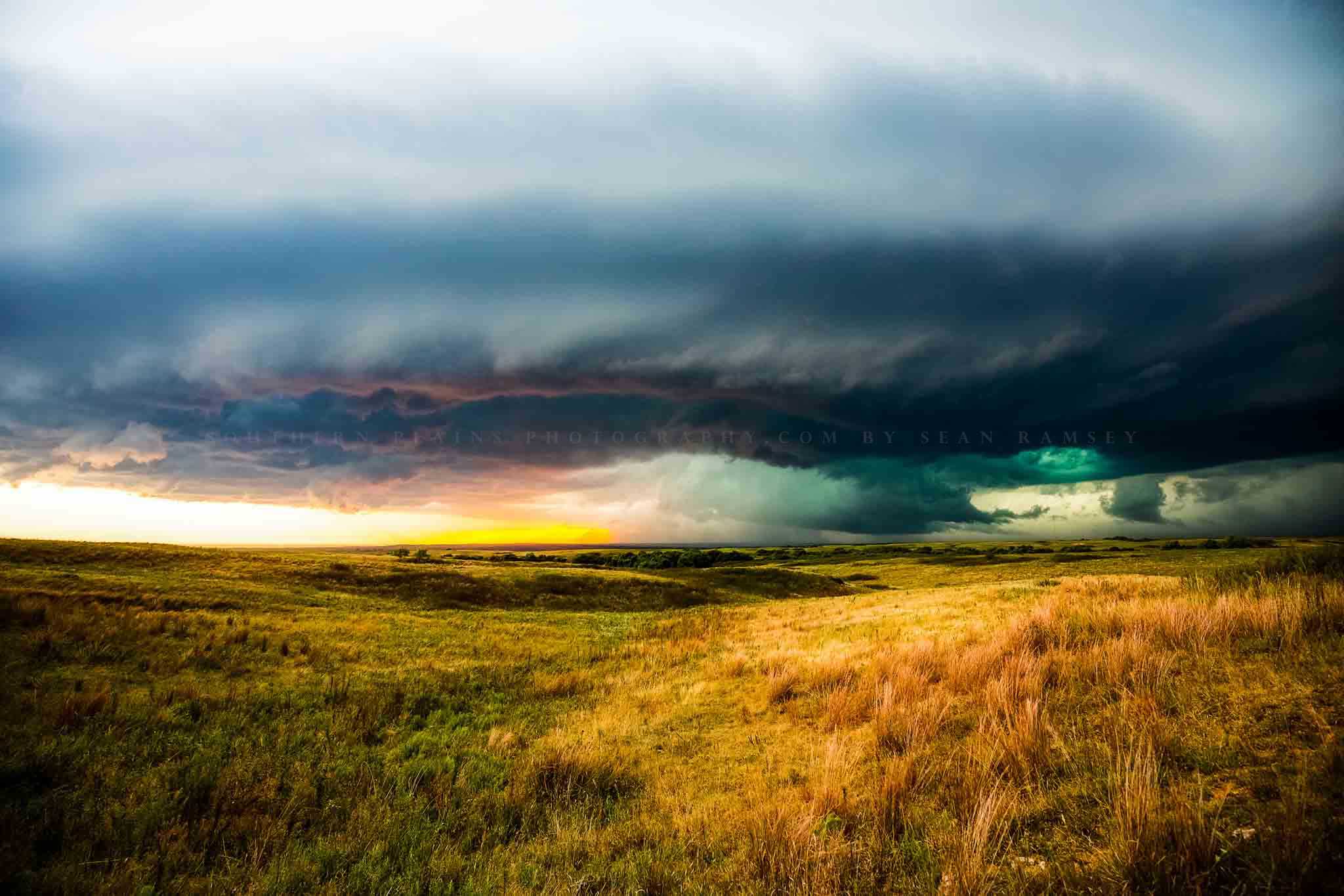 Storm photography print of a supercell thunderstorm over the open prairie at sunset on an autumn evening in Kansas by Sean Ramsey of Southern Plains Photography.