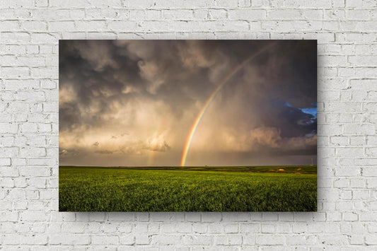 Nature metal print on aluminum of a brilliant rainbow shining in a stormy sky and ending in a field on a spring day in Oklahoma by Sean Ramsey of Southern Plains Photography.