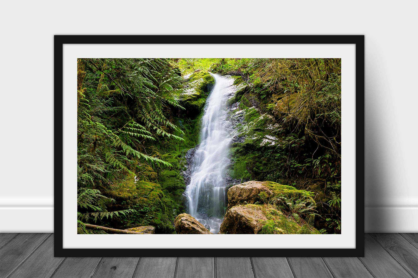 Framed and matted Pacific Northwest waterfall print of Merriman Falls in the Quinault Rainforest in Washington state by Sean Ramsey of Southern Plains Photography.