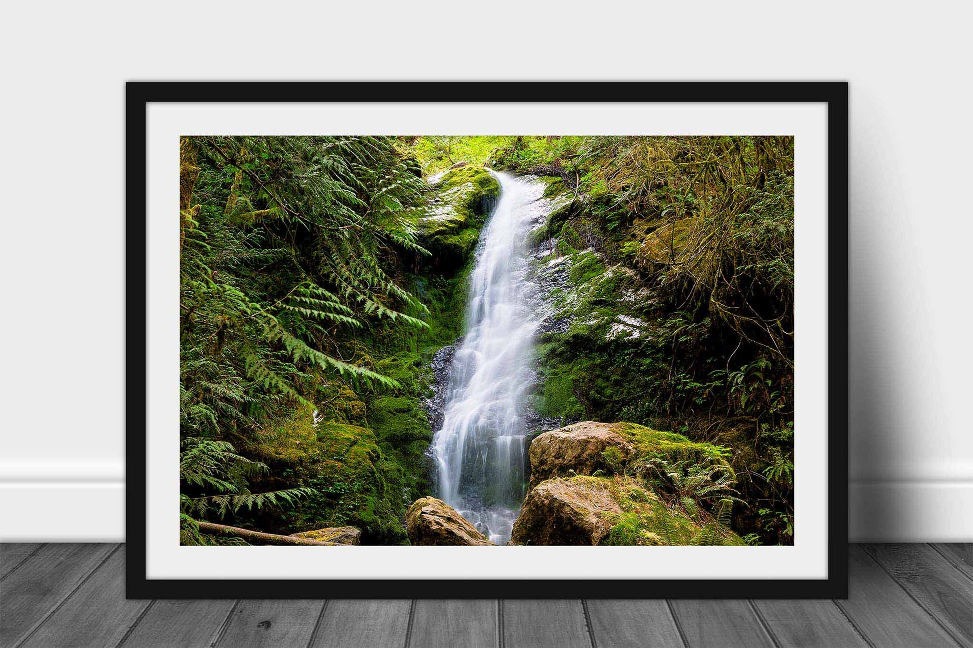 Framed and matted Pacific Northwest waterfall print of Merriman Falls in the Quinault Rainforest in Washington state by Sean Ramsey of Southern Plains Photography.