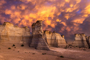 Great Plains photography print of mammatus clouds filling a stormy sky over Monument Rocks at sunset on a summer evening in Kansas by Sean Ramsey of Southern Plains Photography.