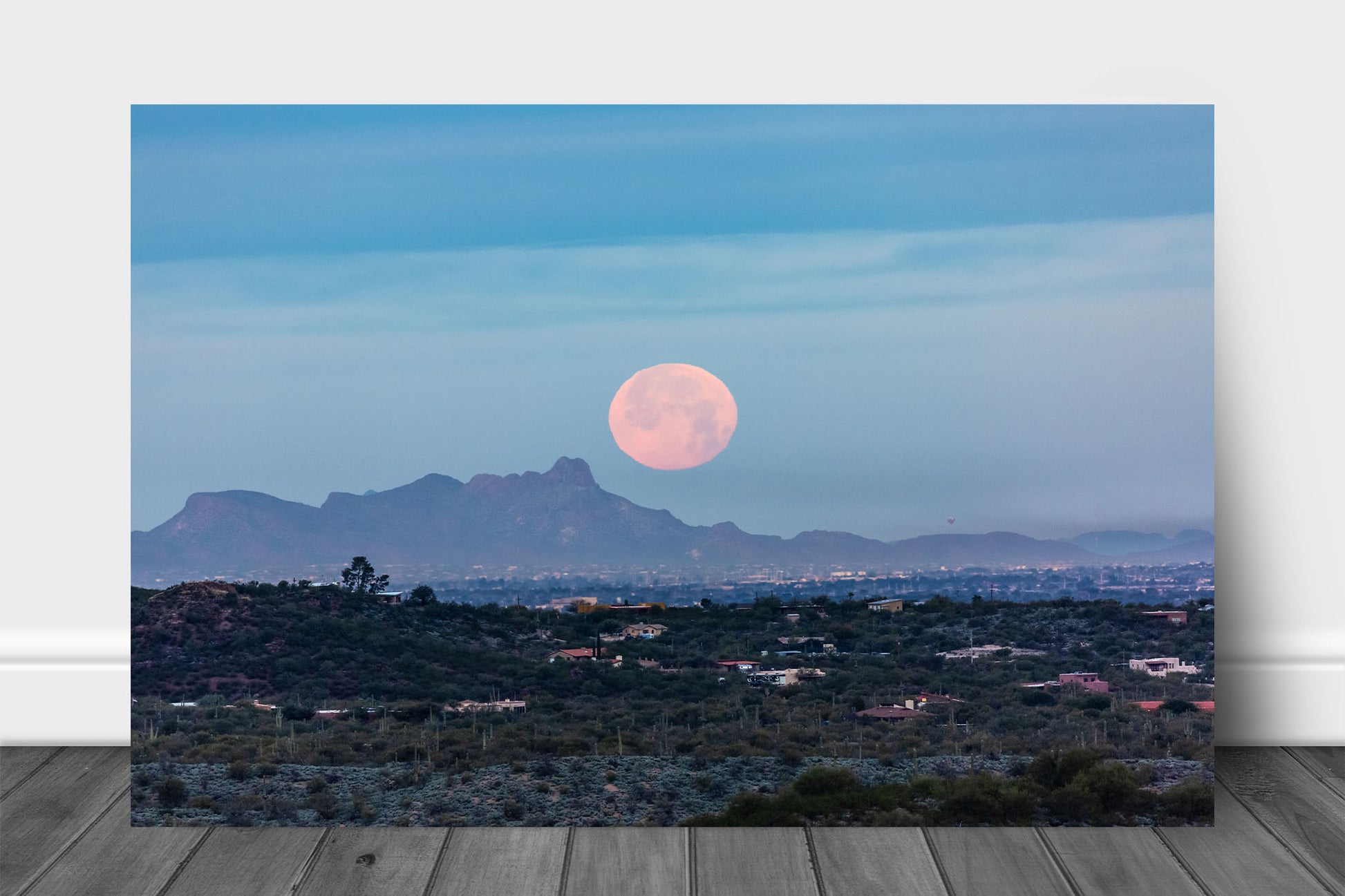 Desert Southwest aluminum metal print wall art of a large full moon setting over Tucson, Arizona by Sean Ramsey of Southern Plains Photography.