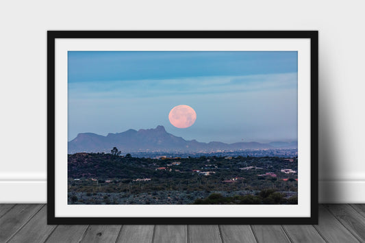 Framed and matted Desert Southwest print of a large full moon setting over Tucson, Arizona by Sean Ramsey of Southern Plains Photography.