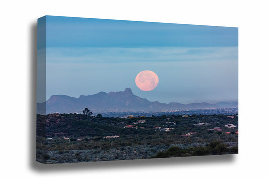 Desert Southwest canvas wall art of a large full moon setting over Tucson, Arizona by Sean Ramsey of Southern Plains Photography.