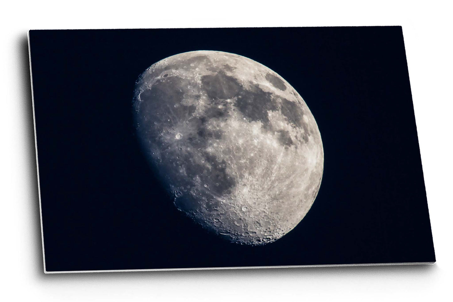 Lunar metal print on aluminum of a waxing gibbous moon with visible craters in the Oklahoma night sky by Sean Ramsey of Southern Plains Photography.