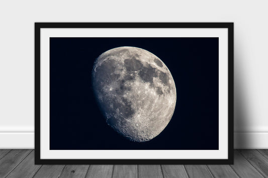 Framed and matted lunar print of a Waxing Gibbous moon with visible craters in the Oklahoma night sky by Sean Ramsey of Southern Plains Photography.