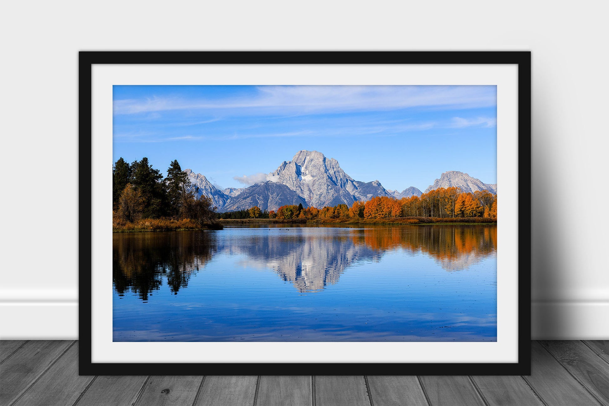 Framed and matted Rocky Mountain print of Mount Moran reflecting off the waters of the Snake River on an autumn day in Grand Teton National Park, Wyoming by Sean Ramsey of Southern Plains Photography.