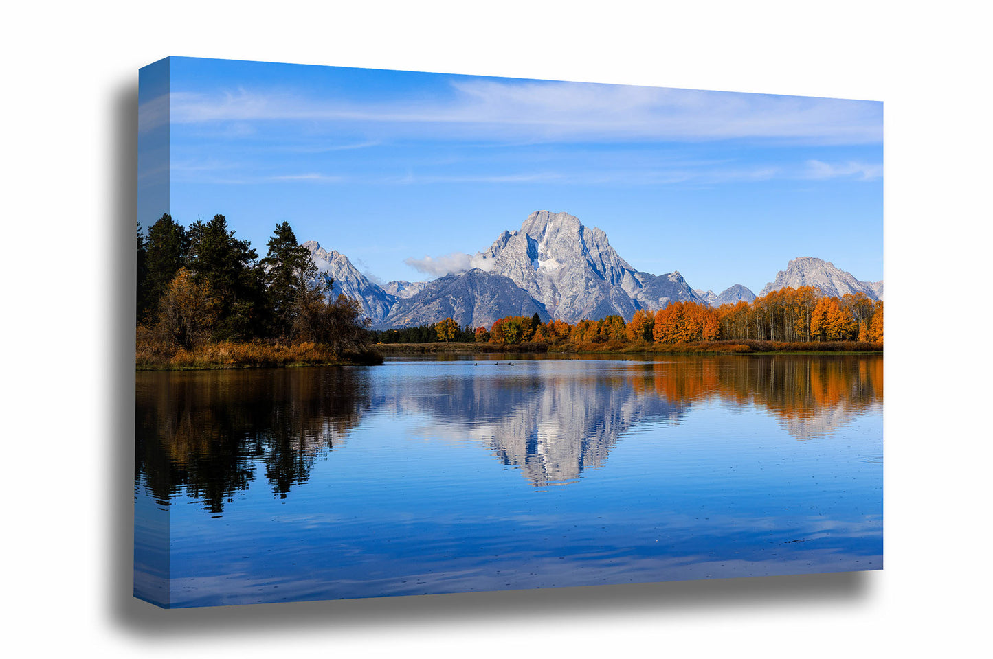 Rocky Mountain canvas wall art of Mount Moran reflecting off the waters of the Snake River on an autumn day in Grand Teton National Park, Wyoming by Sean Ramsey of Southern Plains Photography.