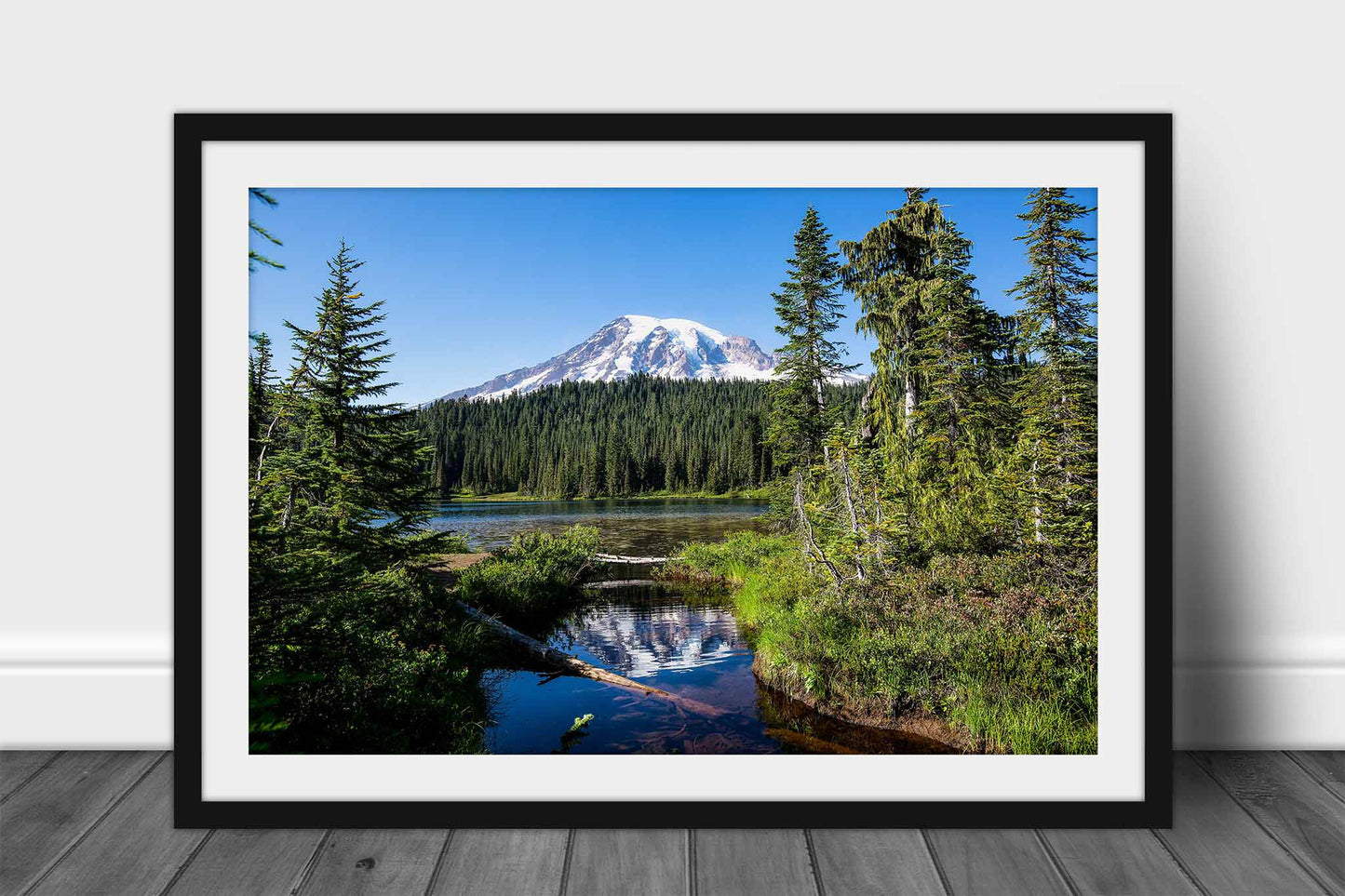 Framed and matted Pacific Northwest print of Mount Rainier reflecting off the waters of Reflection Lake on a late summer day in Washington state by Sean Ramsey of Southern Plains Photography.