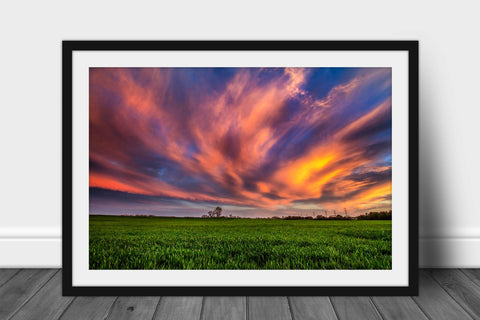 Framed and matted Great Plains photography print of clouds illuminated over a field at sunset on a spring evening in Oklahoma by Sean Ramsey of Southern Plains Photography.