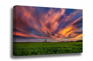 Great Plains canvas wall art of clouds illuminated by sunlight over a field at sunset on a spring evening in Oklahoma by Sean Ramsey of Southern Plains Photography.