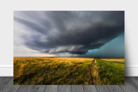 Storm aluminum metal print wall art of a supercell thunderstorm developing over open prairie on a spring day in Oklahoma by Sean Ramsey of Southern Plains Photography.