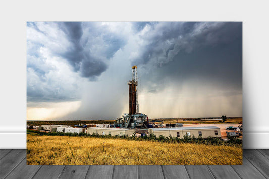 Oilfield metal print on aluminum of an oil rig and passing storm on a summer day in Oklahoma by Sean Ramsey of Southern Plains Photography.