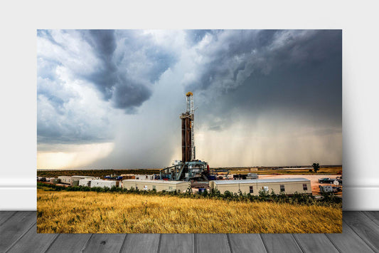 Oilfield metal print on aluminum of an oil rig and passing storm on a summer day in Oklahoma by Sean Ramsey of Southern Plains Photography.