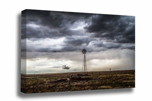 Farmhouse canvas wall art of an old windmill underneath a stormy sky on a spring day on the plains of Oklahoma by Sean Ramsey of Southern Plains Photography.